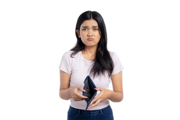Sad young Asian woman showing empty wallet with disappointed expression, financial trouble,...