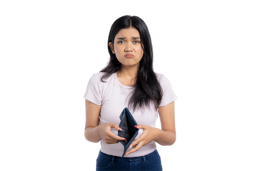 Sad young Asian woman showing empty wallet with disappointed expression, financial trouble, isolated on transparent background