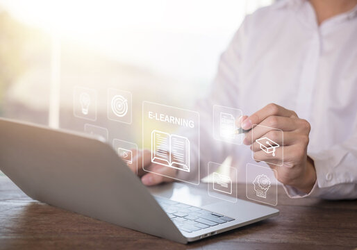 learn icon, online training on a laptop. concept of platform digital education, teaching course. curriculum learning online, business technology. a study from the webinar, Innovation Elearning