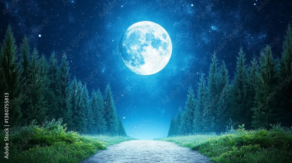 Poster full moon over a path through a forest at night. the moon is large and bright, illuminating the path