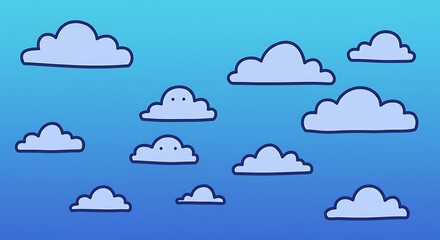 Floating Clouds Cartoon Illustration Against Blue Sky Background Graphic