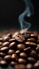 Close-up of dark roasted coffee beans, steam rising , aroma, close-up, grain