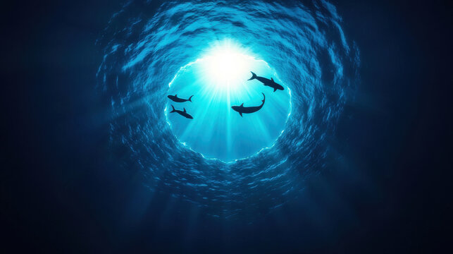 Surreal Environmental Warning, Dramatic underwater scene with fish swimming toward sunbeam