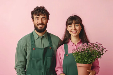 Female gardener holding flower pot and male gardener standing next to her on pink background. Concept of flower beauty, gardening, landscape design and plant care. Banner or poster.