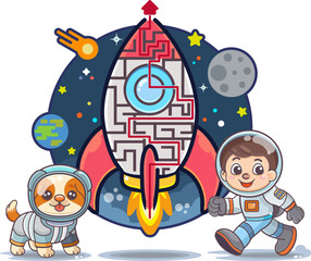 Astronaut and Dog  Space labyrinth maze  puzzles education, and other kids fun activity related, Vector illustrator