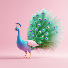 Fototapeta premium Majestic 3d illustration of a peacock displaying its colorful feathers in full bloom with a stunning visual appeal