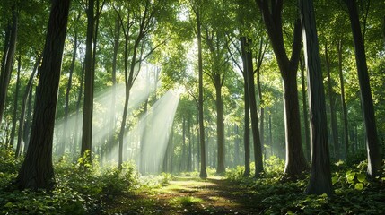 Fototapeta premium A high-resolution view of a tranquil forest with soft light filtering through.