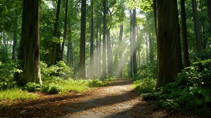 Obraz premium A high-resolution view of a tranquil forest with soft light filtering through.