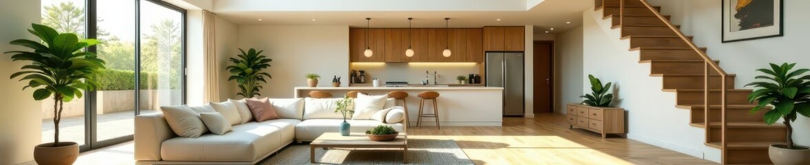 Bright open plan living area with mezzanine, sectional sofa, kitchen & plants Wooden floors & stairs , rustic, entertainment area, sunlight