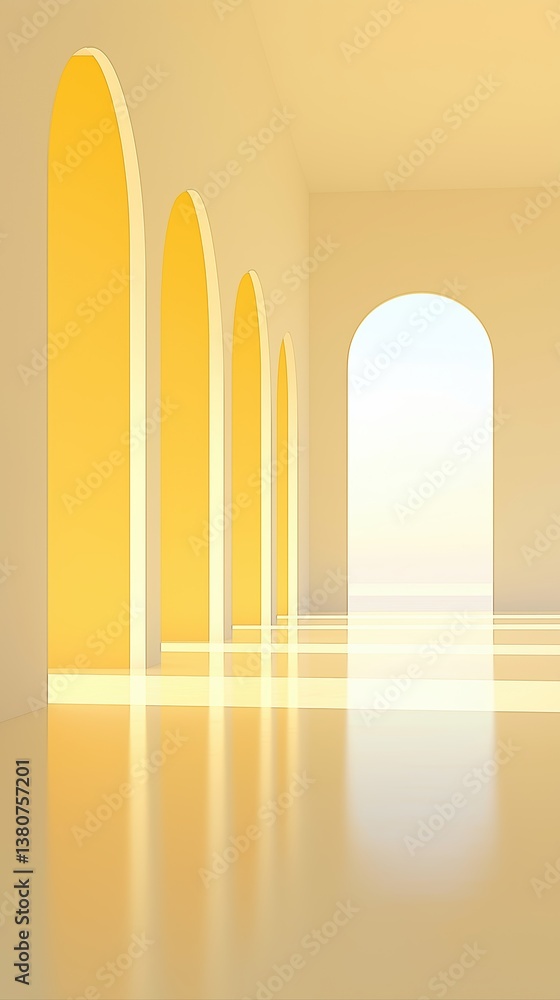 Poster futuristic golden architecture with arched windows and reflective surfaces in a minimalist interior 