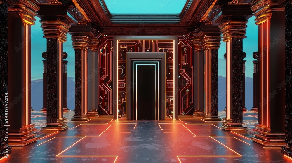 Poster a high-tech digital lock with neon circuits surrounding it in a futuristic setting.