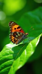 Obraz premium Brown speckled butterfly resting on vibrant green leaf, sunlight dappled , arthropod, dappled, butterfly