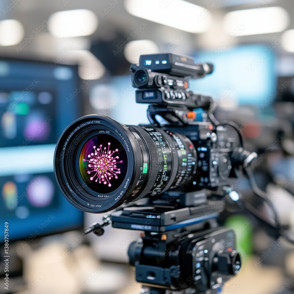 Aufkleber close up of a professional video camera with a lens displaying a microscopic image of a virus or sim