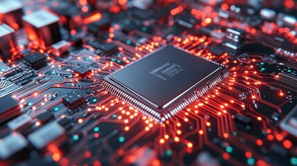 Close up of a central processing unit on a circuit board, illuminated with red and orange lights.