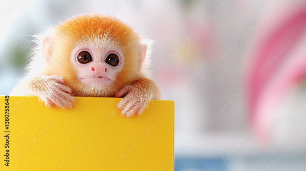 Poster cute 3d illustration of a small monkey sitting on a yellow box with a delightful expression in a fun