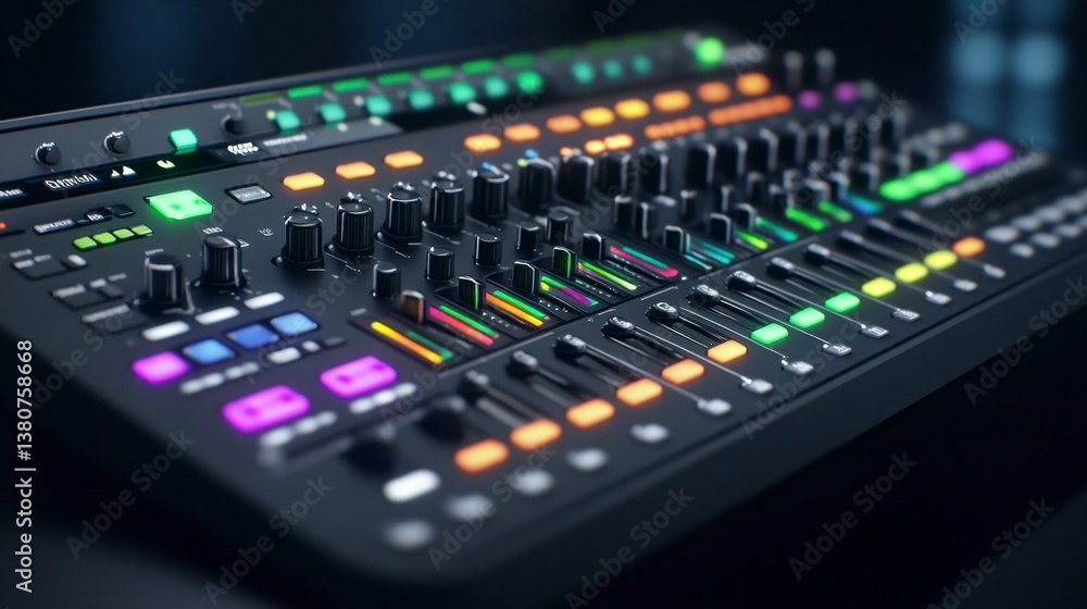 Poster close up view of a music production console with numerous colorful knobs and buttons, set against a 