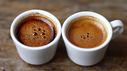Fototapeta premium Freshly Brewed Espresso in Two White Cups on Wooden Table Surface