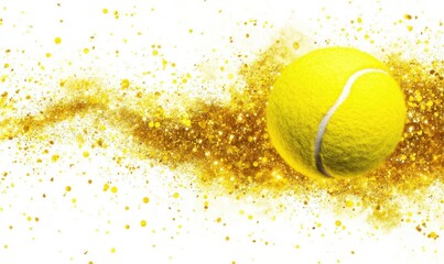 Tennis ball with gold glitter trail on white for sports ads