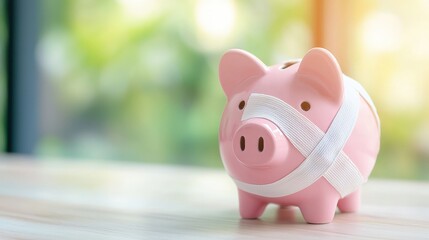 A pink piggy bank wrapped in bandages, symbolizing financial recovery or a need for savings, sits on a wooden table with a blurred green background.