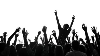 black white excited crowd with raised hands isolated on white background, PNG.