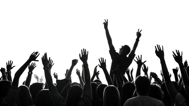 black white excited crowd with raised hands isolated on white background, PNG.