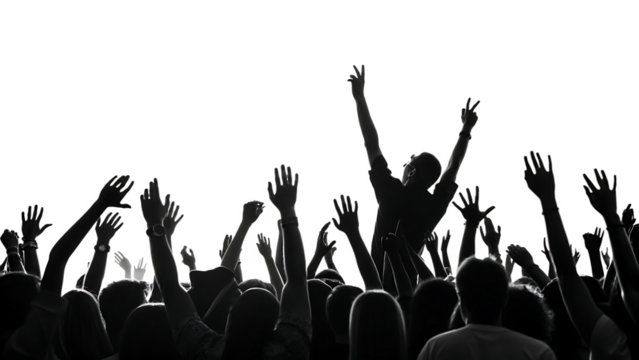 black white excited crowd with raised hands isolated on white background, PNG.