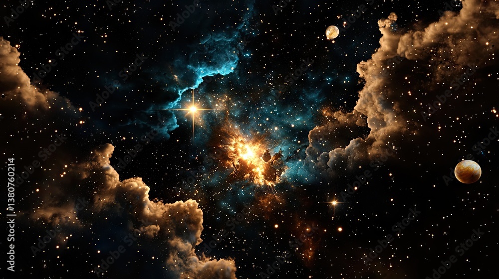 Poster a mysterious deep-space background with a mix of dark void and radiant celestial patterns.