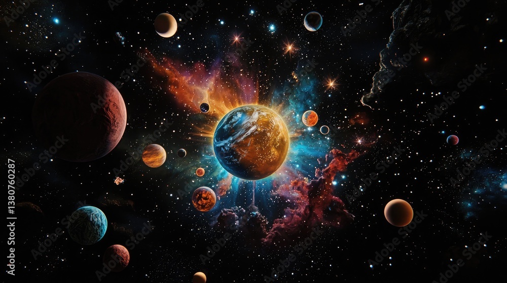 Poster a mysterious deep-space background with a mix of dark void and radiant celestial patterns.