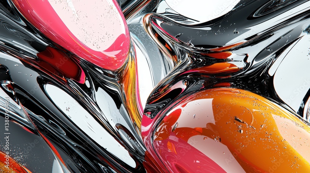 Poster abstract colorful fluid forms with swirls and bubbles in glass effect
