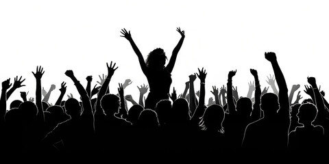 black white excited crowd with raised hands isolated on white background, PNG.