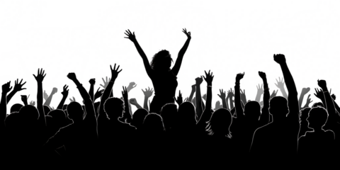 black white excited crowd with raised hands isolated on white background, PNG.