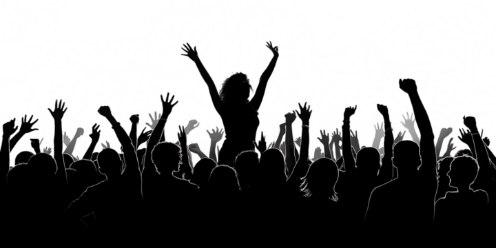 black white excited crowd with raised hands isolated on white background, PNG.