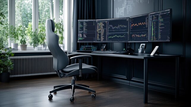 Dark modern home office interior with multiple monitors displaying financial data, black ergonomic chair, and dark wood floor.