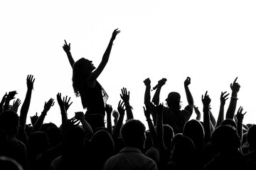 black white excited crowd with raised hands isolated on white background, PNG.