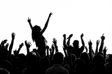 black white excited crowd with raised hands isolated on white background, PNG.