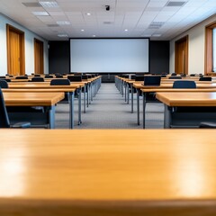 Empty classroom with light wood desks and a large projection screen. 