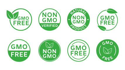 GMO free icons. Non GMO labels. Healthy food concept. Organic cosmetic. No GMO design elements for tags, product package. Ecology, vegan, bio. Beauty product. Sustainable life. Vector illustration