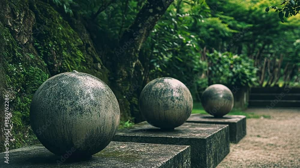 Poster three spherical sculptures in a tranquil garden setting generative ai