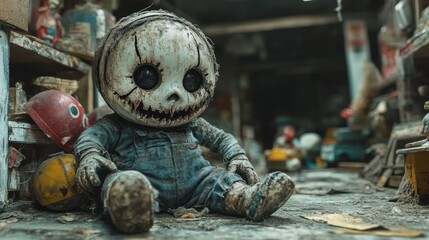 Creepy Abandoned Doll in Distressed Workshop with Vintage Toys and Tools