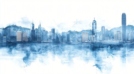Hong Kong skyline watercolor painting, harbor view, cityscape, urban background, travel poster
