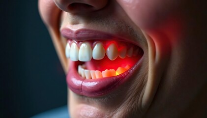 Naklejka premium Intense toothache pain; throbbing molar, inflamed gum, periodontal disease, hurt, jaw pain