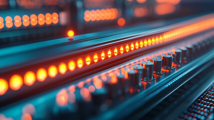 A close-up view of illuminated control knobs and lights, showcasing a modern, high-tech interface with vibrant orange and blue hues.