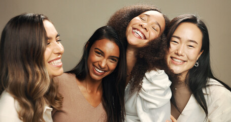 Laugh, friends and portrait of women in studio for skincare, cosmetics and makeup. Beauty, brown...