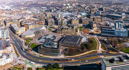 Aerial view above the West Yorkshire city centre of Bradford with Centenary Square prominent