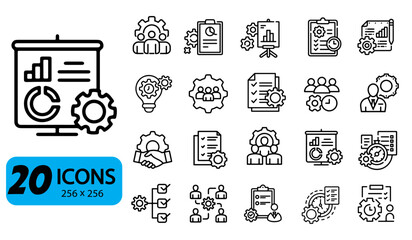 Set of 20 Business Planning and Strategy Icons, Outline Style, 256x256 Pixels