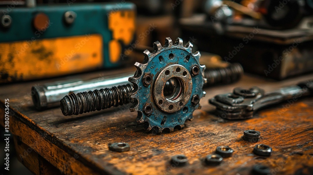 Poster rusty gears and tools on a workshop table