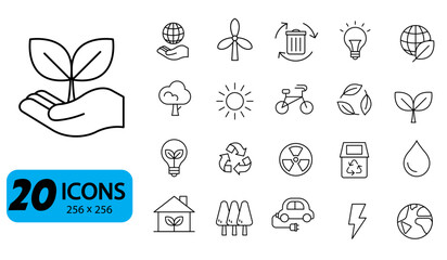 Fototapeta premium Set of 20 Sustainability and Ecology Icons, Outline Style, 256x256 Pixels