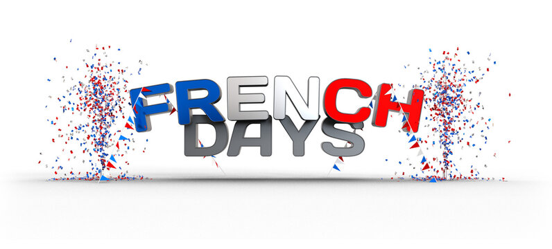 Titre FRENCH DAYS sur fond blanc avec confettis et banderole tricolore - Rendu 3D - fond transparent