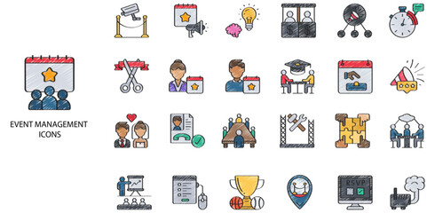 Event Management simple concept 24 hand drawn color icons set. Contains such management, event, agency .Vector illustration.