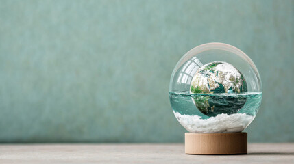 Surreal Environmental Warning, snow globe featuring globe submerged in water, symbolizing climate change